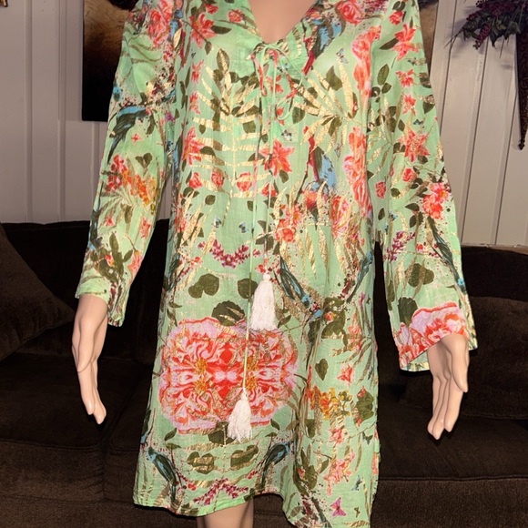 Caribbean Joe ~ Large ~ Green W/ Gold & Red Floral Tunic Swim Coverup Dress - Picture 4 of 15
